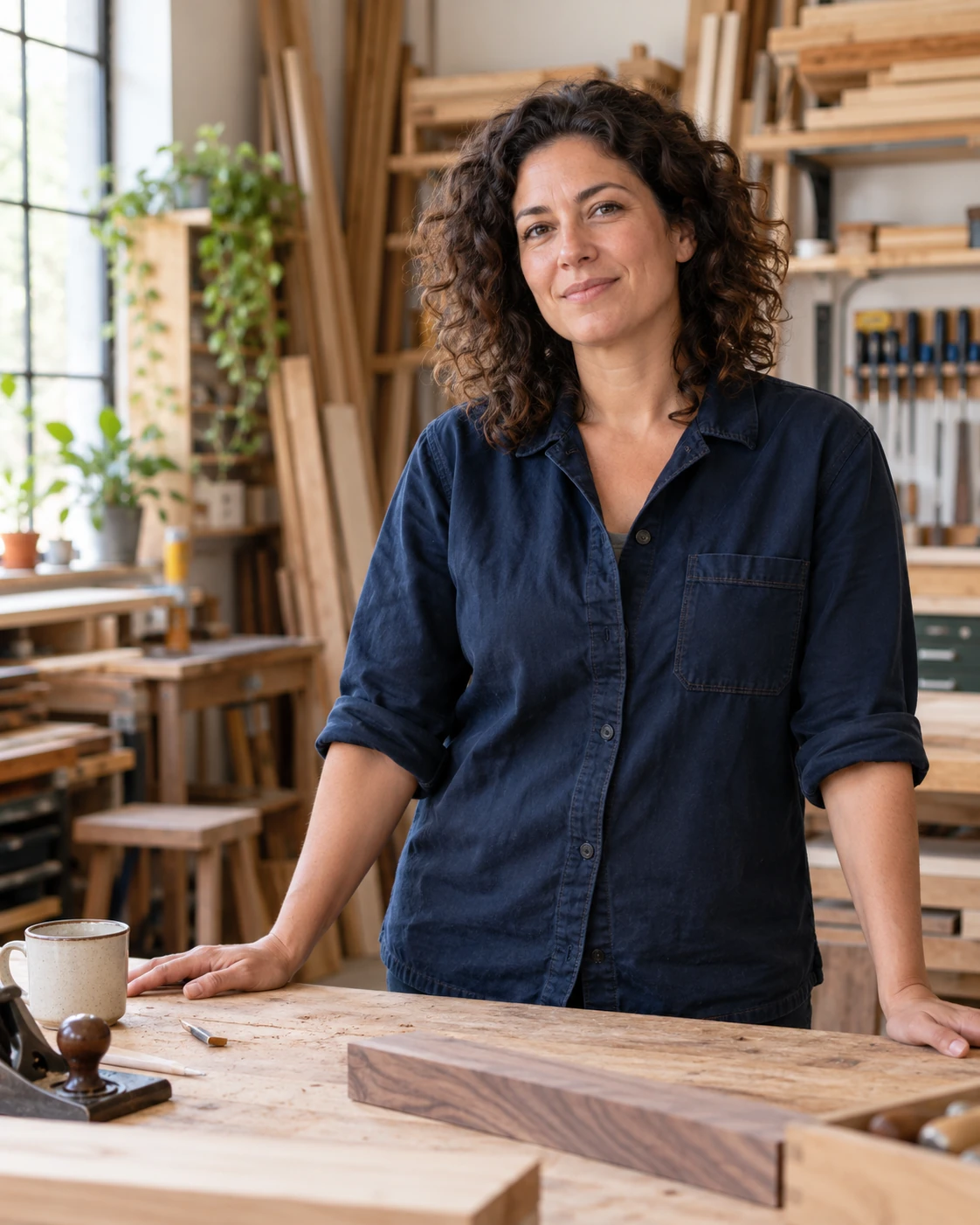 Illustrative portrait of a business owner at a woodworking studio
